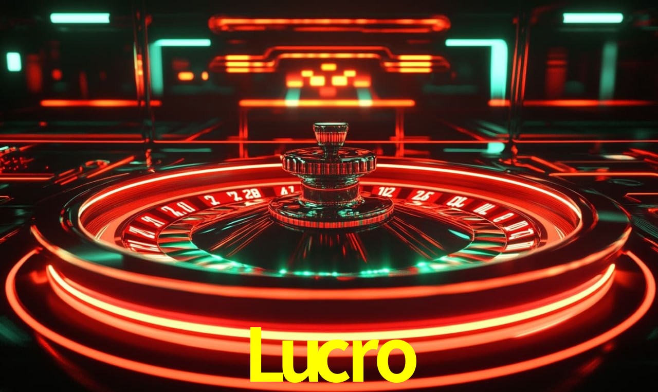 Escena dinámica inspirada en casino con iluminación Lucro, cartas, fichas e íconos de juegos digitales en un espacio moderno de juegos.