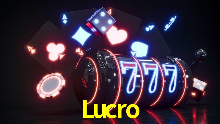 Una escena digital vívida inspirada en casino con Lucro mostrado prominentemente, luces brillantes, fichas, cartas y acentos dorados.