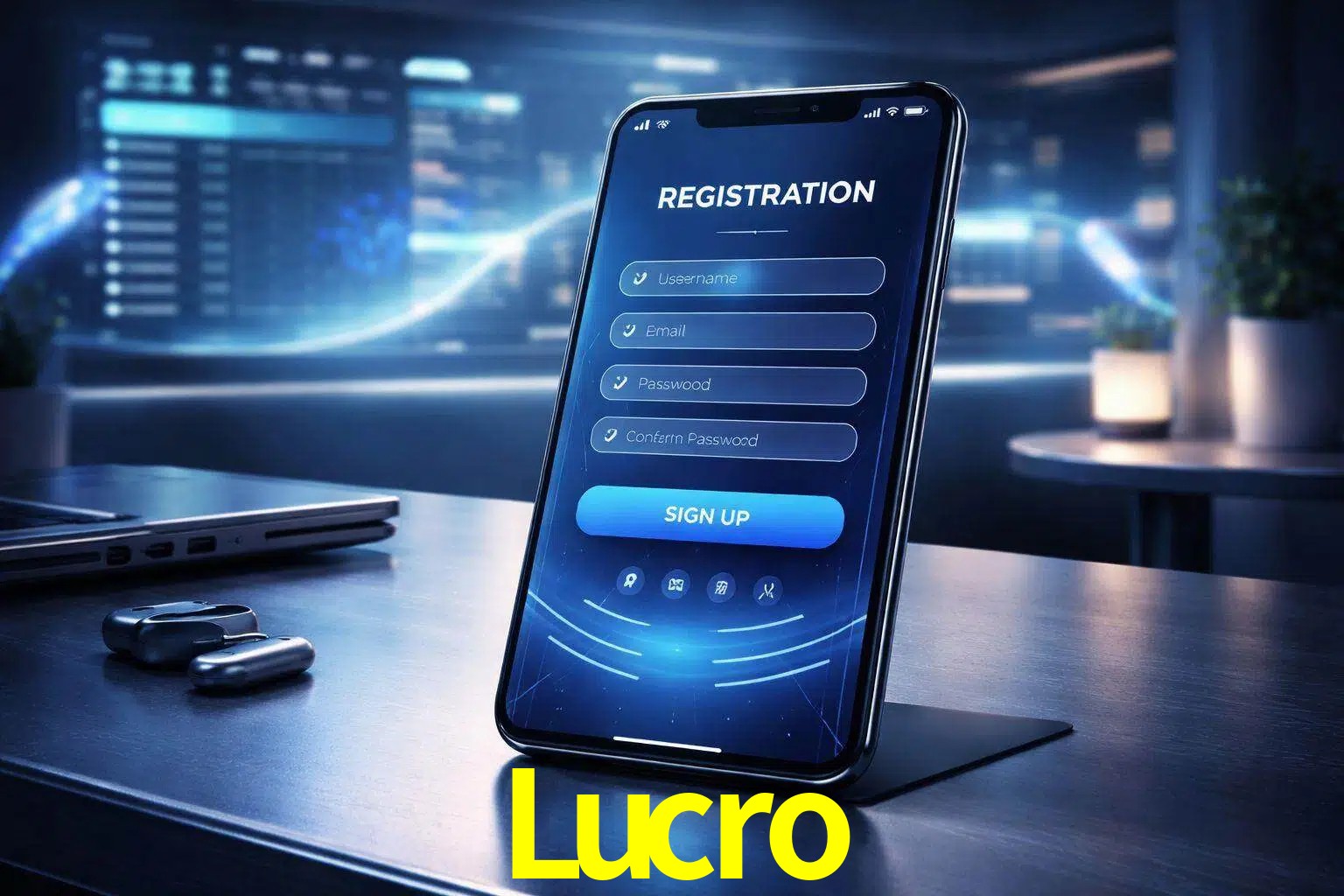 Una interfaz moderna de registro móvil para Lucro mostrada en un smartphone con un panel de apuestas elegante.